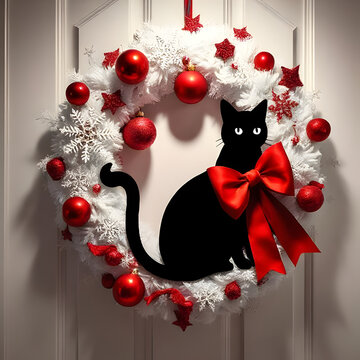 1A white Christmas wreath adorned with red ornaments, glittery white snowflakes, red and white stars, and a black cat silhouette with a prominent red bow, hanging on a white door.