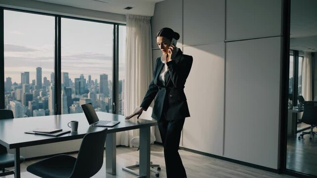Businesswoman on phone in modern highrise office overlooking urban skyline