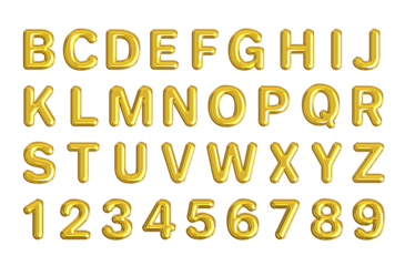 Golden alphabet font vector illustration featuring a collection of ABC letters, numbers, and symbols with a metallic design