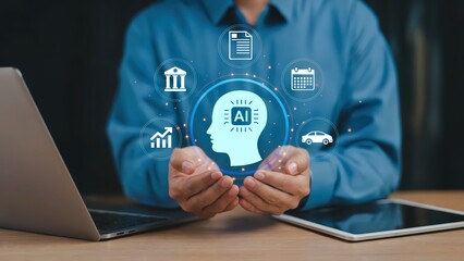 Person presents Artificial intelligence features with financial technology icons