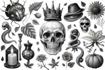Monochromatic Skull and Nature Elements Collage on Transparent Background detailed monochromatic collage featuring skull crown snake rose candle pumpkin other nature elements The image has