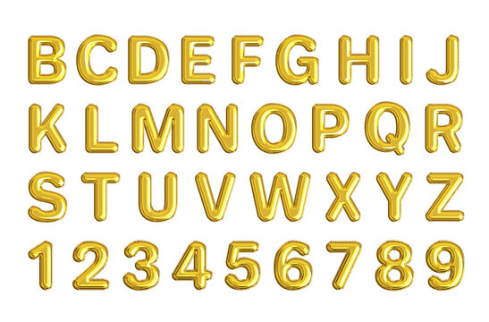 Golden alphabet font vector illustration featuring a collection of ABC letters, numbers, and symbols with a metallic design