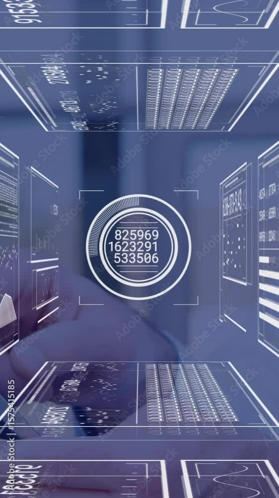 Poster animation of futuristic digital interface with data and graphs in school setting