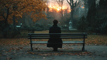 A solitary person in a black trench coat sitting on an empty park bench surrounded by withered yellow leaves at sunset, cold tones creating a realistic, moody atmosphere.