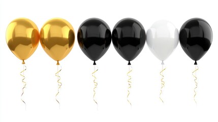 Gold, black and white balloons with ribbons