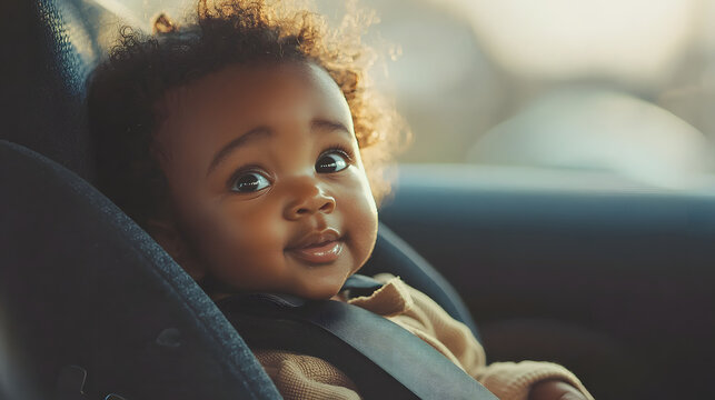 cheerful curly african american baby sitting in a child's car seat in a car.Preventing danger