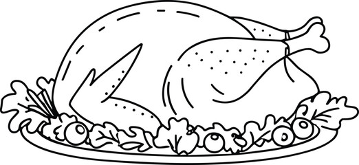 Line Art Vector of Roast Chicken with Garnish on Serving Plate