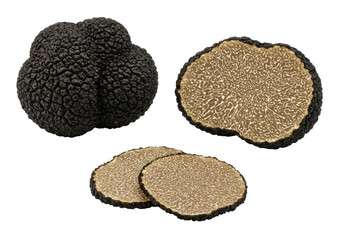 Fresh black truffles, whole, halved, and sliced, displaying dark warty texture and cream marbling on a transparent studio background with diffused lighting, sharp focus, macro lens effect, luxury