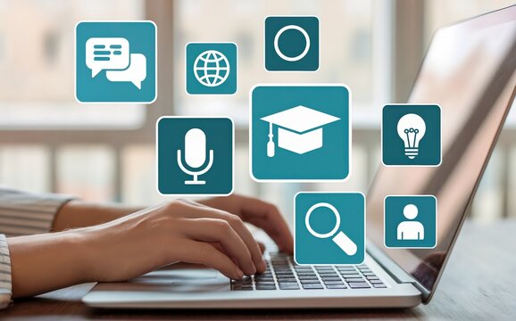 Learn online with education icons and hands on laptop for digital training