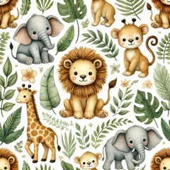 Cartoon lion, elephant, giraffe, and monkey surrounded by tropical leaves on white background. Seamless watercolor jungle pattern. Safari animals and wild nature concept.