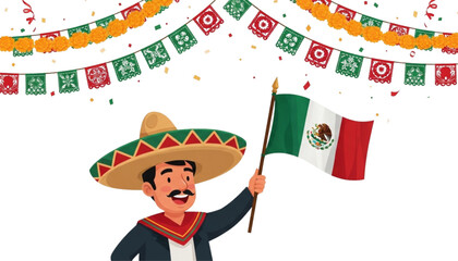 A cheerful man in a sombrero waves the Mexican flag during a festive celebration.