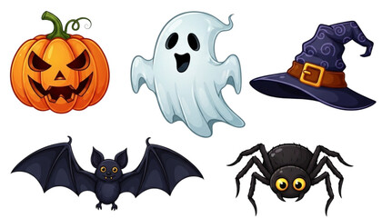 Halloween-themed cartoon illustration featuring a pumpkin, ghost, witch hat, bat, and spider on a white background.