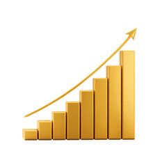 Golden 3d bar chart illustrating growth and success with an ascending arrow on transparent background