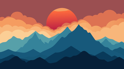 A beautiful mountain landscape at sunset, with a misty blue sky and a stunning view of peaks and valleys
