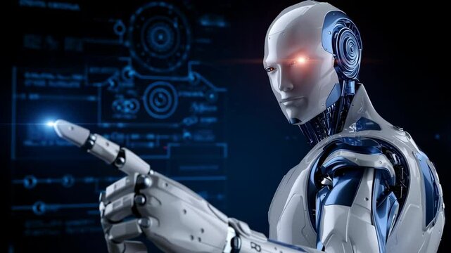 Futuristic Robot Showcases Advanced Technology and Artificial Intelligence with Sleek Design, Pointing Towards Digital Interface in Motion