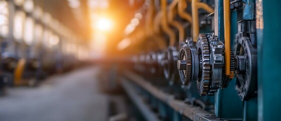 Obraz premium Industrial machinery with gears and pipes reflecting sunlight in a large manufacturing facility setting in the background