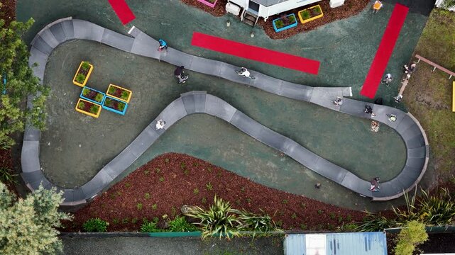 Aerial view of pump track and red carpets, New Zealand.
