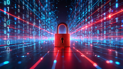 Red padlock on digital binary code data stream security
