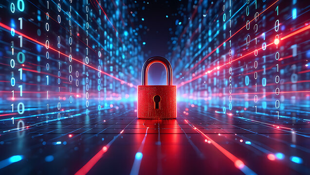 Red padlock on digital binary code data stream security - Powered by Adobe