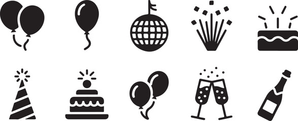 Naklejka premium Party Icon Set – Black Silhouette Celebration and Event Symbols