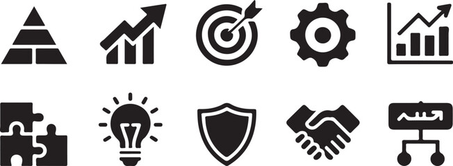 Business Strategy Icon Set – Black Silhouette Planning and Growth Symbols
