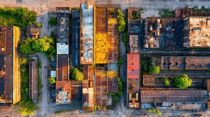 Fototapeta premium Aerial view of abandoned rusty factory buildings interspersed with green foliage. Illustrates post-industrial decay, urban exploration, or environmental themes.