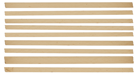 Multiple horizontal strips of light brown aged paper, torn edges, subtle foxing, fibrous texture, flat lay on a transparent background, ideal copy space for design applications