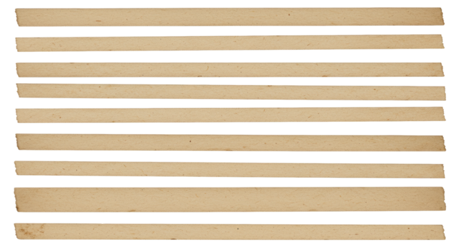 Multiple horizontal strips of light brown aged paper, torn edges, subtle foxing, fibrous texture, flat lay on a transparent background, ideal copy space for design applications