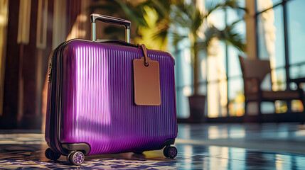 Explore the essentials of travel a stylish purple suitcase ready for your next adventure with a luggage tag