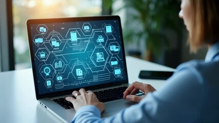 Businesswoman working on laptop with virtual screen. Process automation to efficiently manage files. Online documentation database and document management system concept.. - Powered by Adobe