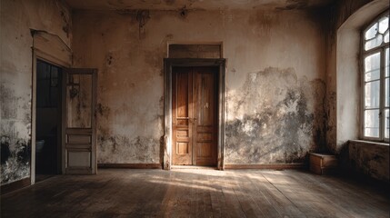 Dilapidated room with peeling plaster, wooden floor, doors, and window. Imagery for decay, renovation, or horror themes, background for editing.
