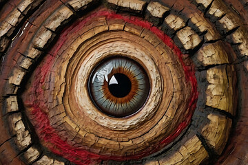 The Forest Wall Art: Radial Bark Patterns in Layered Brown and Red Spread from a Central Cream Tear, Like a Wound, Revealing an Eye Gazing Outward with a Quiet, Unsettling Calm. AI-generated