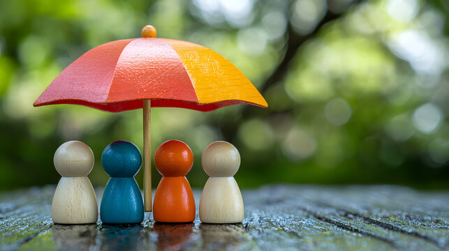 Family Protection, Colorful wooden peg dolls under an umbrella symbolize security in travel