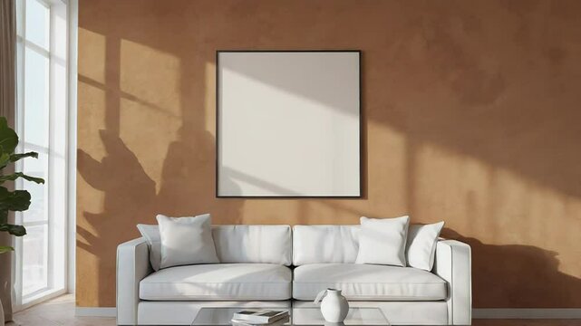 Modern living room interior with blank frame, white sofa, and plant