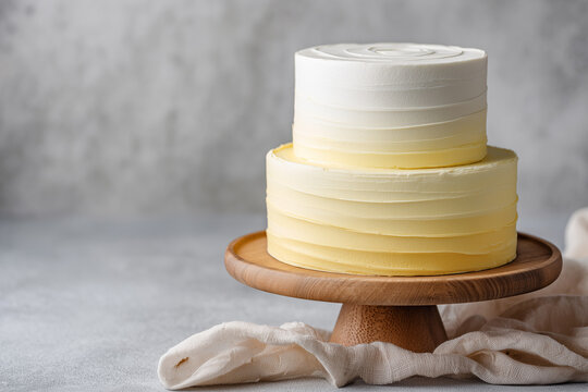 A beautifully crafted two-tier cake features a gradient of yellow and white frosting, showcased on a wooden stand, perfect for any celebration.
