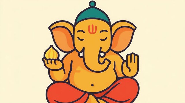 Cartoon illustration of Hindu God Ganesha meditating in a lotus position with closed eyes and a serene expression for religious and spiritual content