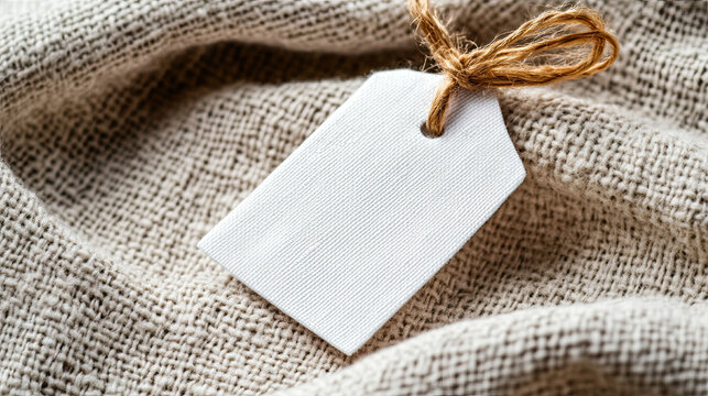 Blank white care tag on soft linen fabric with clear texture details 