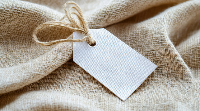 Blank white care tag on soft linen fabric with clear texture details 