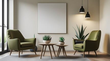 Fototapeta premium Modern minimalist living room interior: two olive green armchairs, wooden side tables, succulents, blank canvas, and pendant lights.