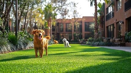 Happy golden retriever dog standing on green grass in a sunny residential area photo