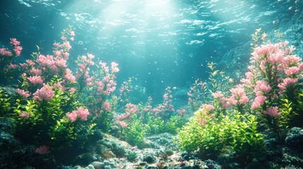 Naklejka premium Underwater garden of pink flowers bathed in sunlight.