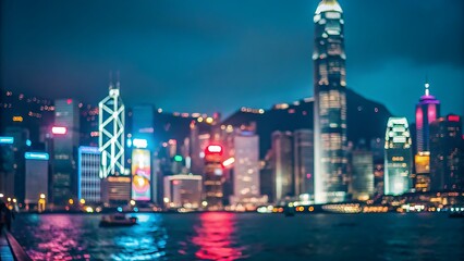 Blurred city lights of Hong Kong at night, creating a vibrant bokeh background with neon glow and urban energy.
