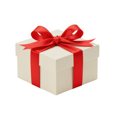 Obraz premium Cream-colored rectangular gift box with vibrant red satin ribbon and elegant bow on transparent background with no shadows, ultra-realistic product photography. Concept of gift presentation and