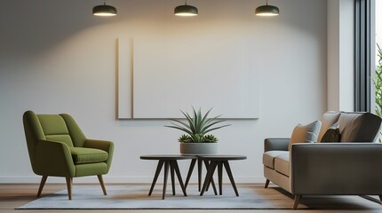 Modern minimalist living room interior: olive green armchair, grey sofa, and nested coffee tables with succulent plant, under warm pendant lighting.
