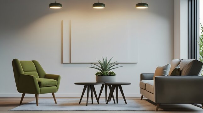 Modern minimalist living room interior: olive green armchair, grey sofa, and nested coffee tables with succulent plant, under warm pendant lighting.