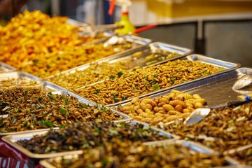 Deep fried silkworms chrysalis and many insects at street food