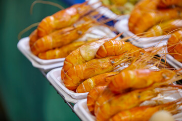 Close-up view of grilled Prawns  for sale at street food in Thailand
