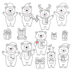 Christmas Bear Clipart Bundle &ndash; Cute Black and White Hand-Drawn Bears with Gifts, Winter Holiday Digital Illustrations
