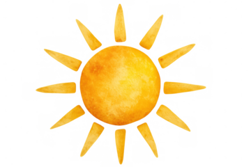 Vibrant watercolor sun glowing radiantly, spreading warmth through transparent background, perfect for summer graphic elements