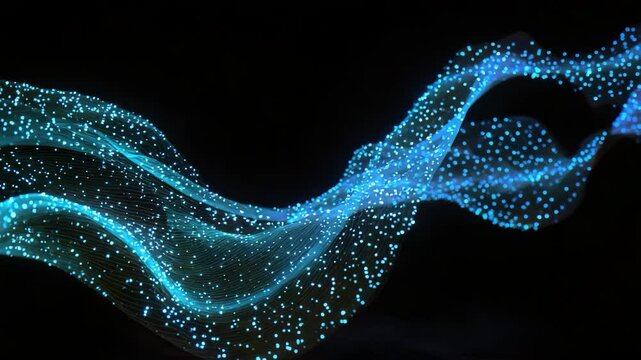 Abstract blue and teal particle wave flowing dynamically on a black background. Glowing light creates a sense of motion and energy. Ideal for technology, energy, or futuristic themes.